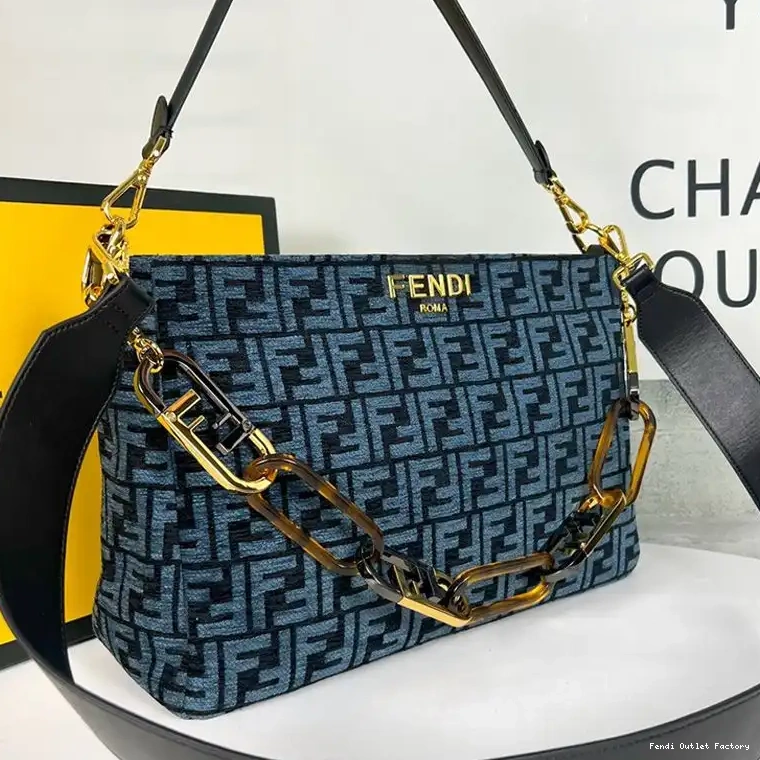 Vintage HOT Tapestry In Zip Fabric Fendi FF Bag Shoulder O'Lock Blue 0618